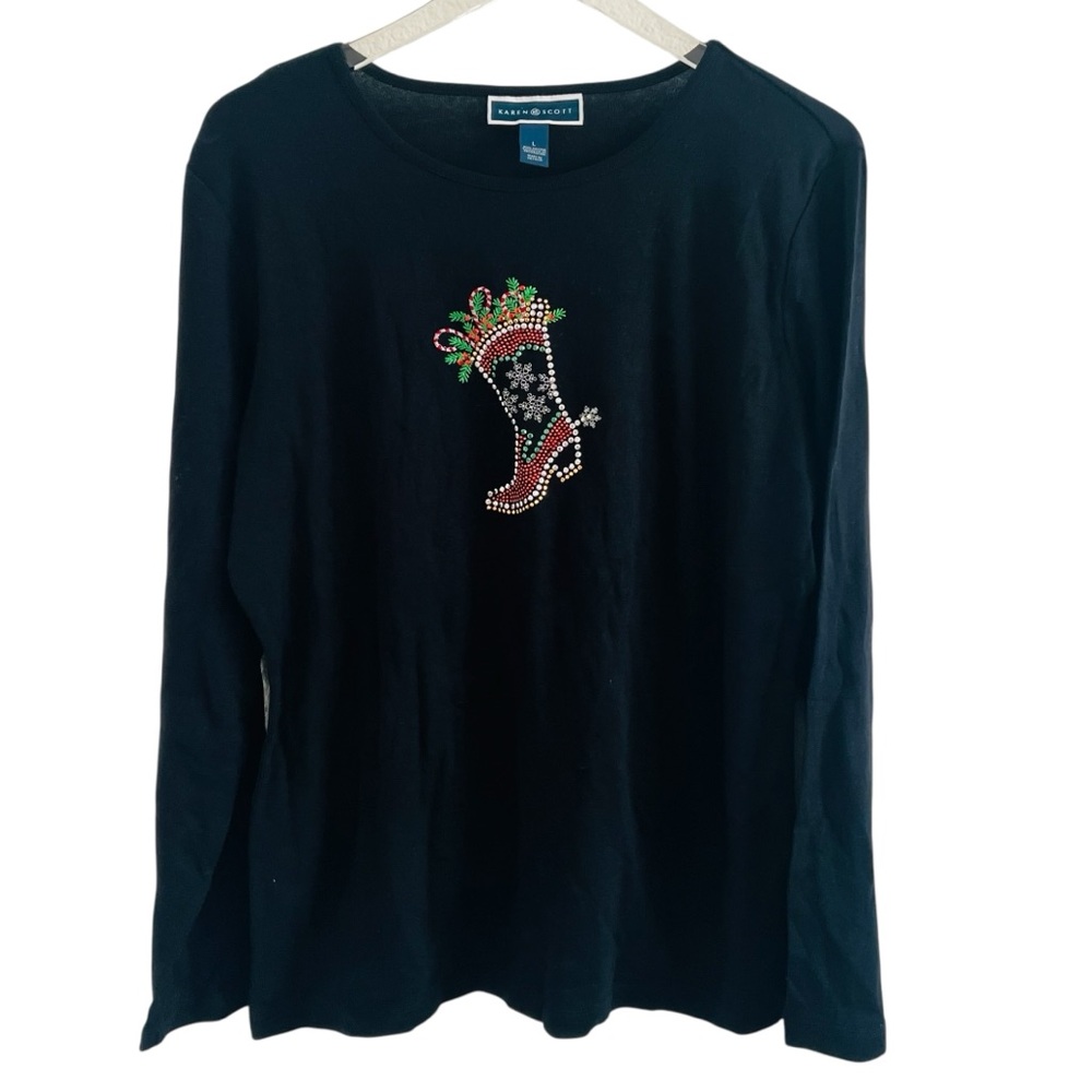 Karen Scott Black Top with Rhinestone Holiday Boot Design